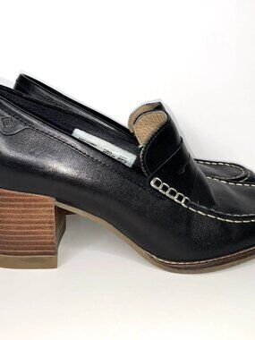 SPERRY Seaport Black Leather PENNY HEEL LOAFERS Pumps Size 8.5 Stacked Wood Heel